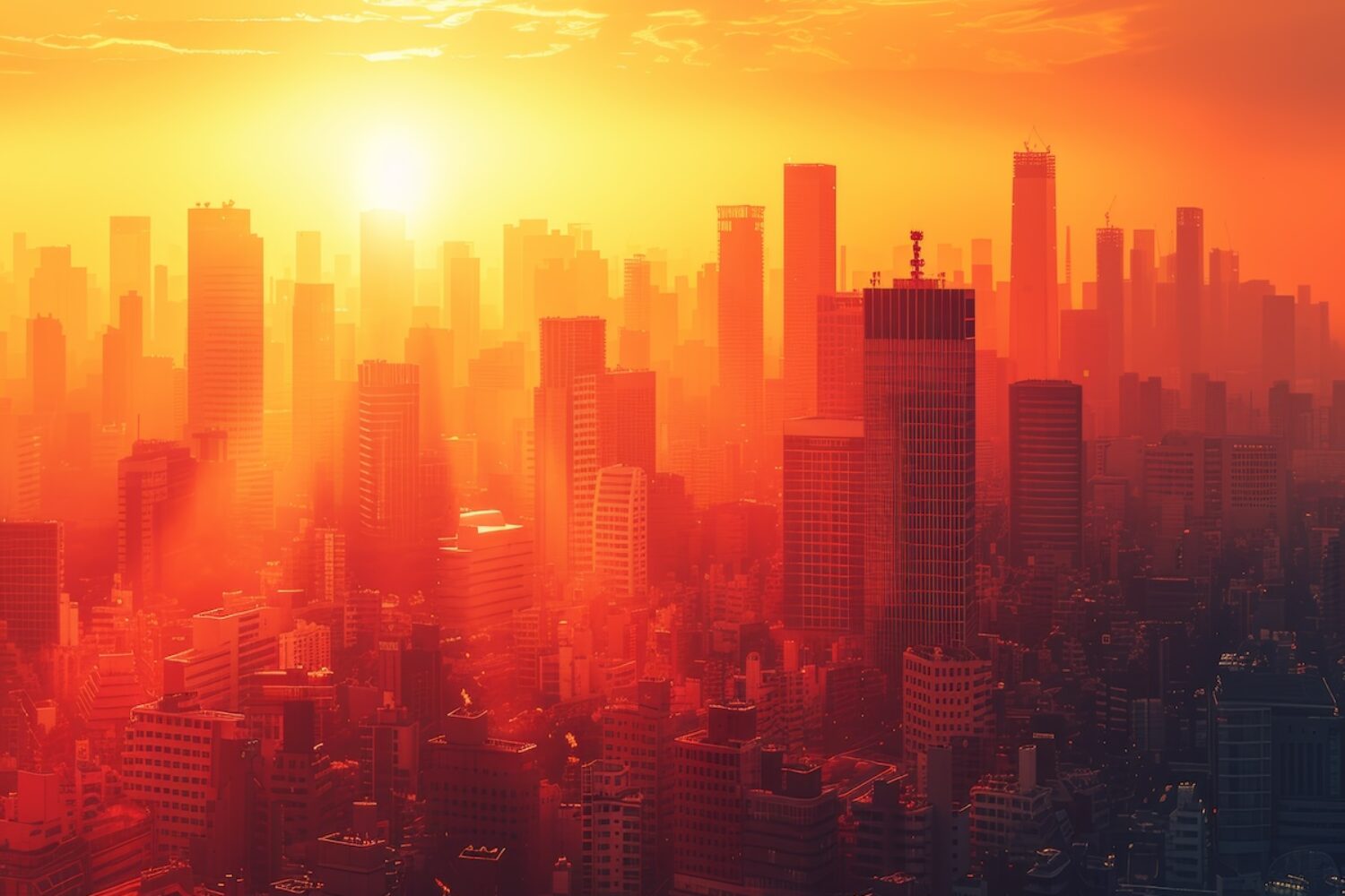 Silhouettes of buildings blend with warm hues, symbolizing the Urban Heat Island effect.