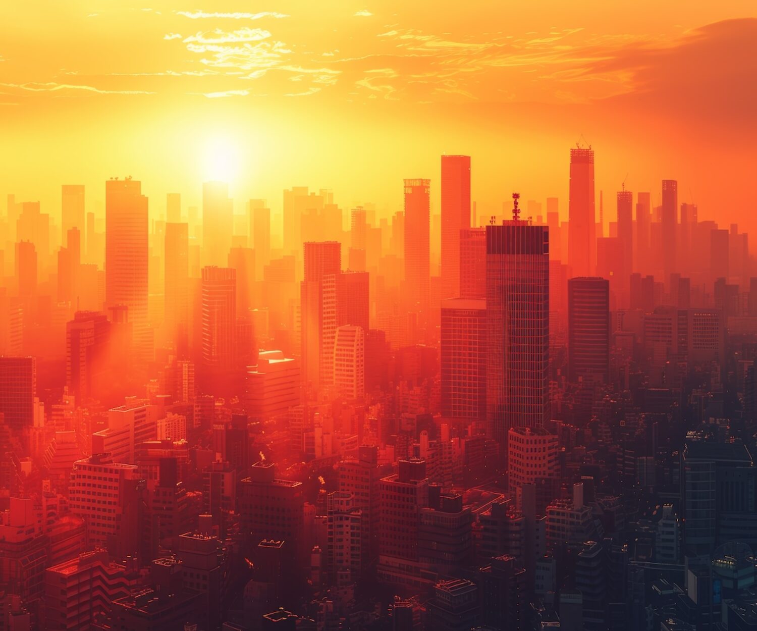 Silhouettes of buildings blend with warm hues, symbolizing the Urban Heat Island effect.