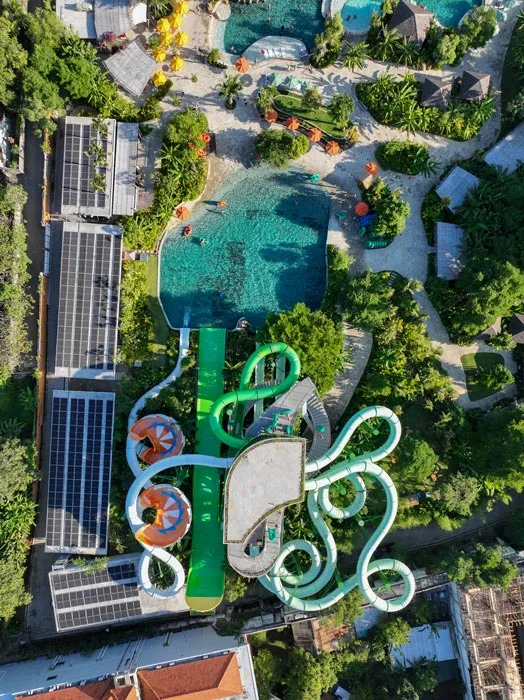 Waterbom uses solar panels, highlighting one of the renewable energy solutions in Indonesia